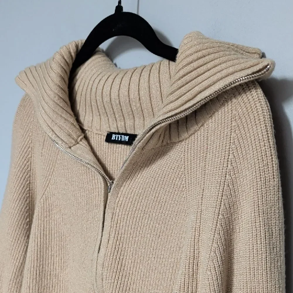 BTFBM Elegant Beige Cowl Neck Sweater